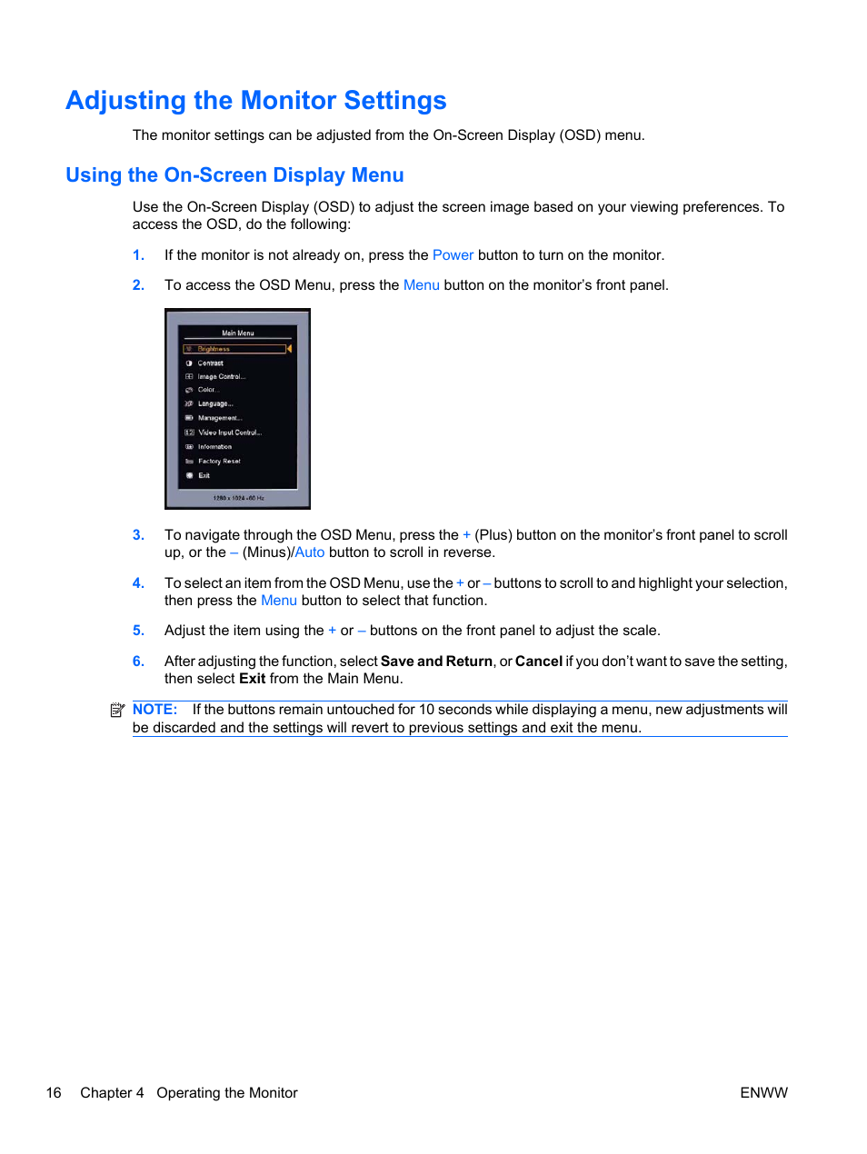 Adjusting the monitor settings, Using the on-screen display menu | HP L2445m 24-inch Diagonal LCD Monitor User Manual | Page 22 / 39