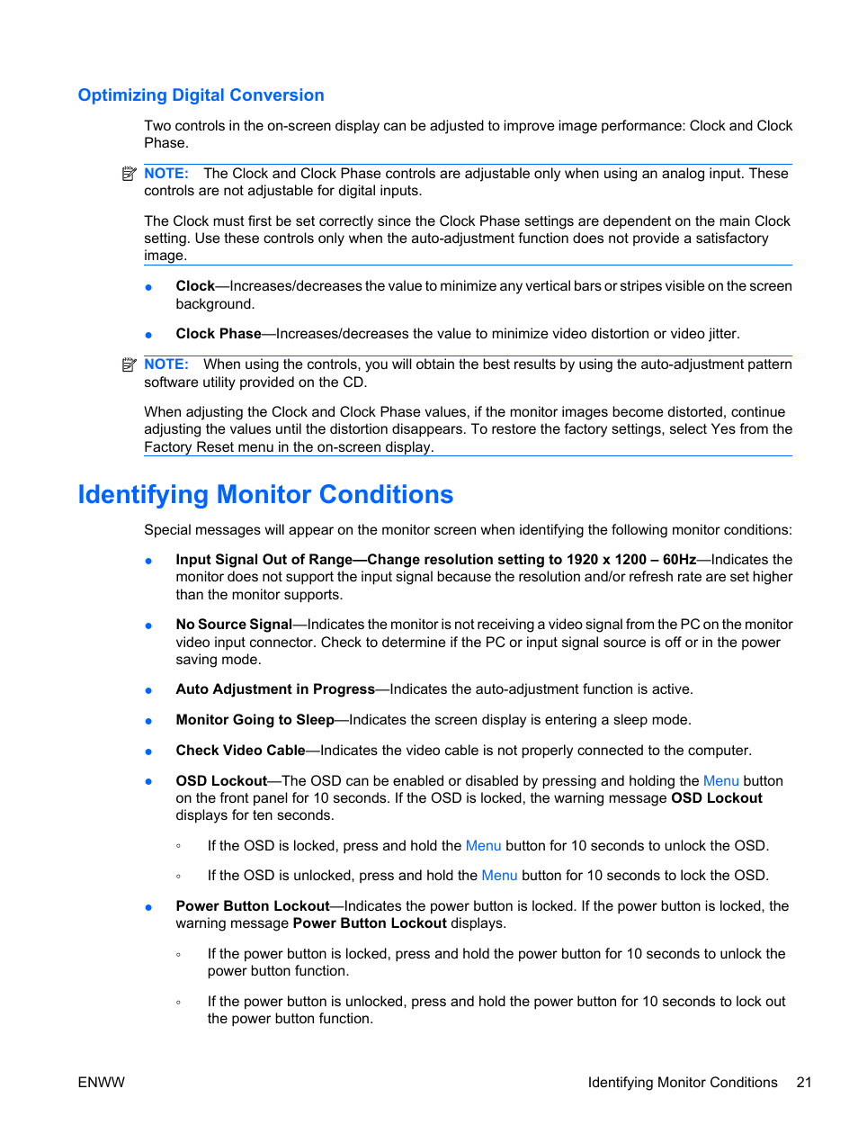 Optimizing digital conversion, Identifying monitor conditions | HP L2445m 24-inch Diagonal LCD Monitor User Manual | Page 27 / 39