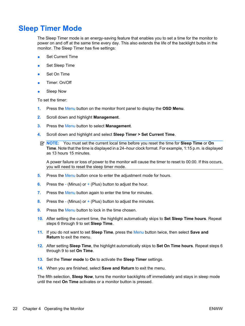 Sleep timer mode | HP L2445m 24-inch Diagonal LCD Monitor User Manual | Page 28 / 39