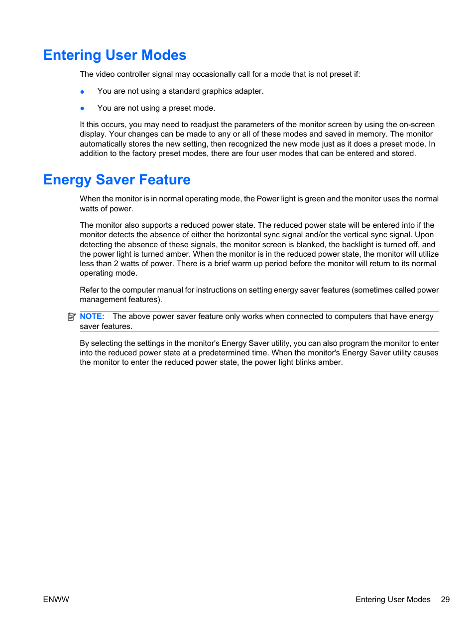 Entering user modes, Energy saver feature, Entering user modes energy saver feature | HP L2445m 24-inch Diagonal LCD Monitor User Manual | Page 35 / 39