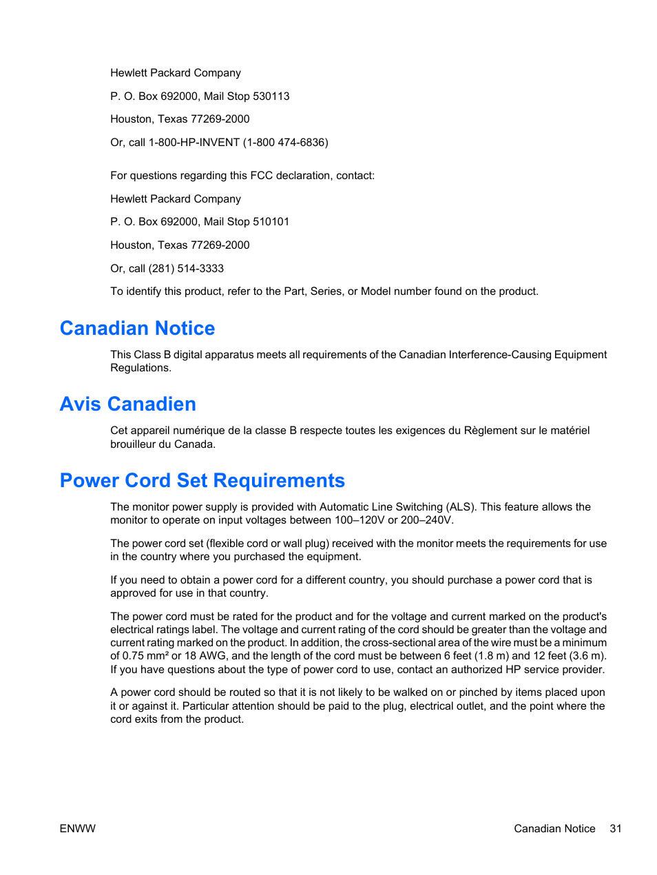 Canadian notice, Avis canadien, Power cord set requirements | HP L2445m 24-inch Diagonal LCD Monitor User Manual | Page 37 / 39