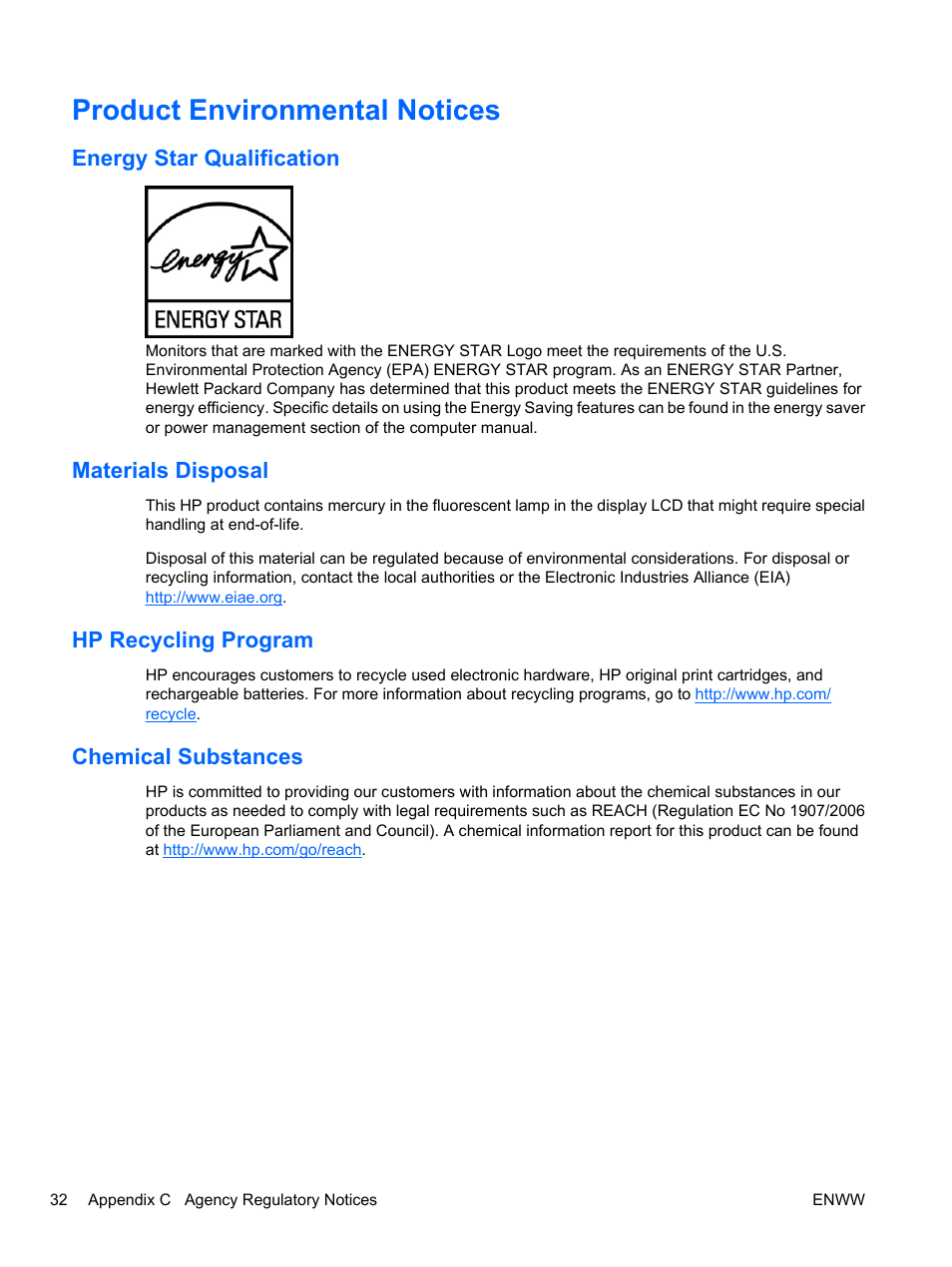 Product environmental notices, Energy star qualification, Materials disposal | Hp recycling program, Chemical substances | HP L2445m 24-inch Diagonal LCD Monitor User Manual | Page 38 / 39