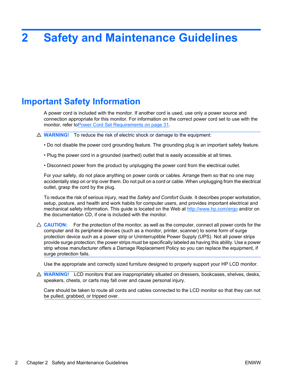 Safety and maintenance guidelines, Important safety information, 2 safety and maintenance guidelines | 2safety and maintenance guidelines | HP L2445m 24-inch Diagonal LCD Monitor User Manual | Page 8 / 39
