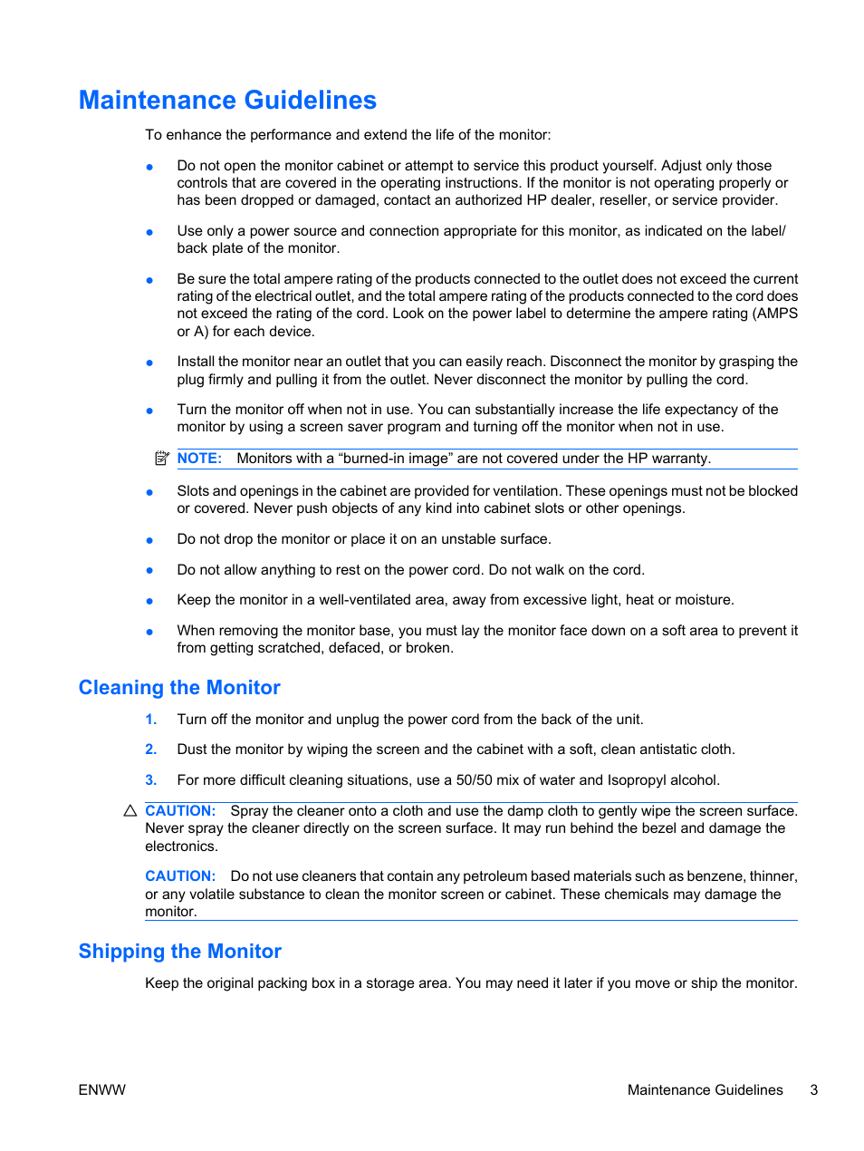 Maintenance guidelines, Cleaning the monitor, Shipping the monitor | Cleaning the monitor shipping the monitor | HP L2445m 24-inch Diagonal LCD Monitor User Manual | Page 9 / 39