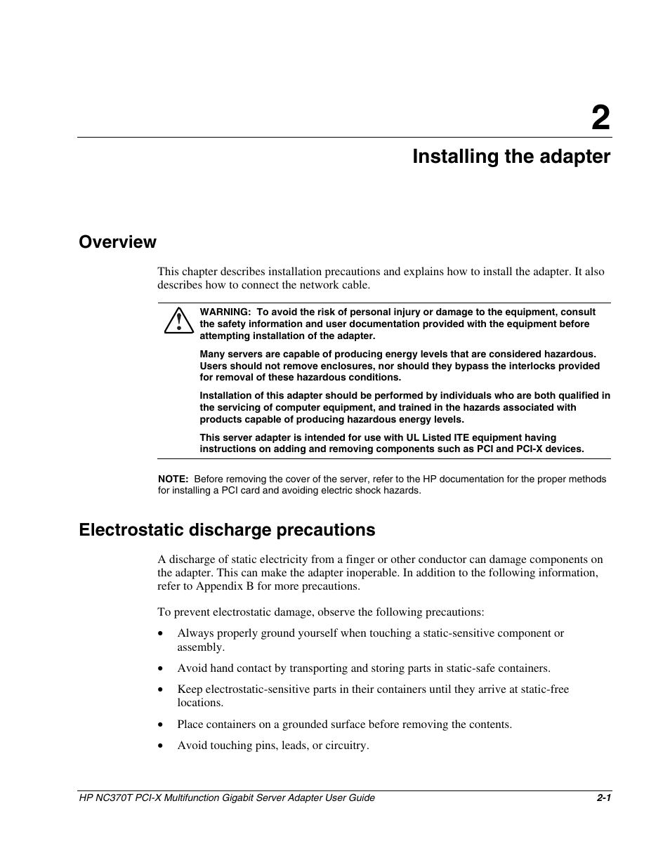 Chapter 2: installing the adapter, Overview, Electrostatic discharge precautions | Chapter 2, Installing the adapter, Overview -1, Electrostatic discharge precautions -1 | HP NC370T PCI-X Multifunction Gigabit Server Adapter User Manual | Page 10 / 23