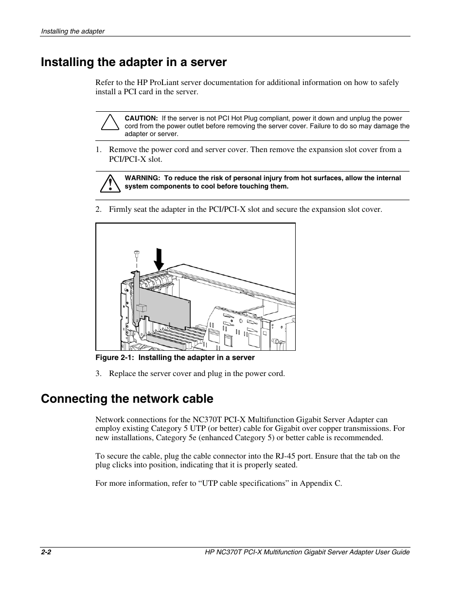 Installing the adapter in a server, Connecting the network cable, Installing the adapter in a server -2 | Connecting the network cable -2 | HP NC370T PCI-X Multifunction Gigabit Server Adapter User Manual | Page 11 / 23