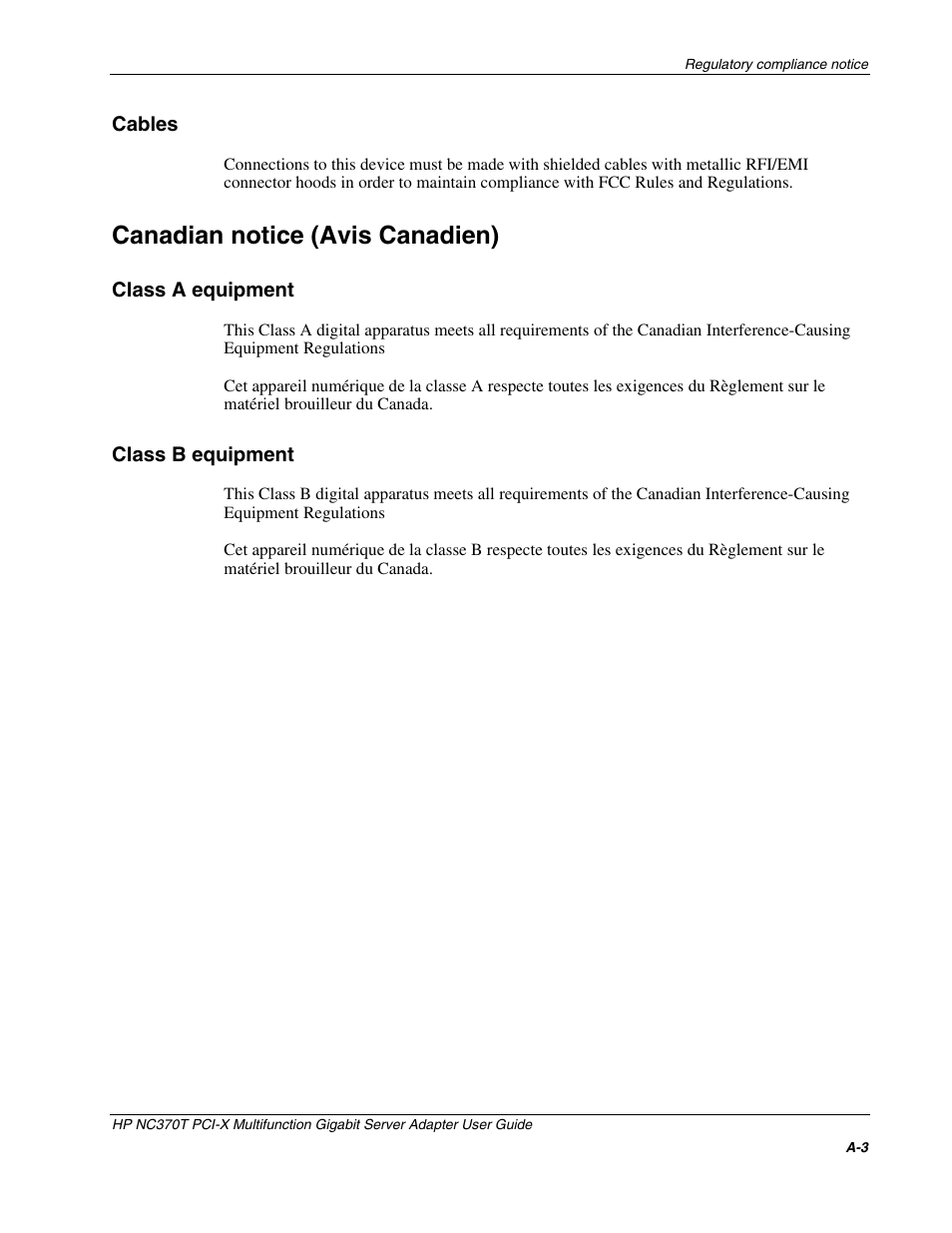 Cables, Canadian notice (avis canadien), Class a equipment | Class b equipment | HP NC370T PCI-X Multifunction Gigabit Server Adapter User Manual | Page 14 / 23