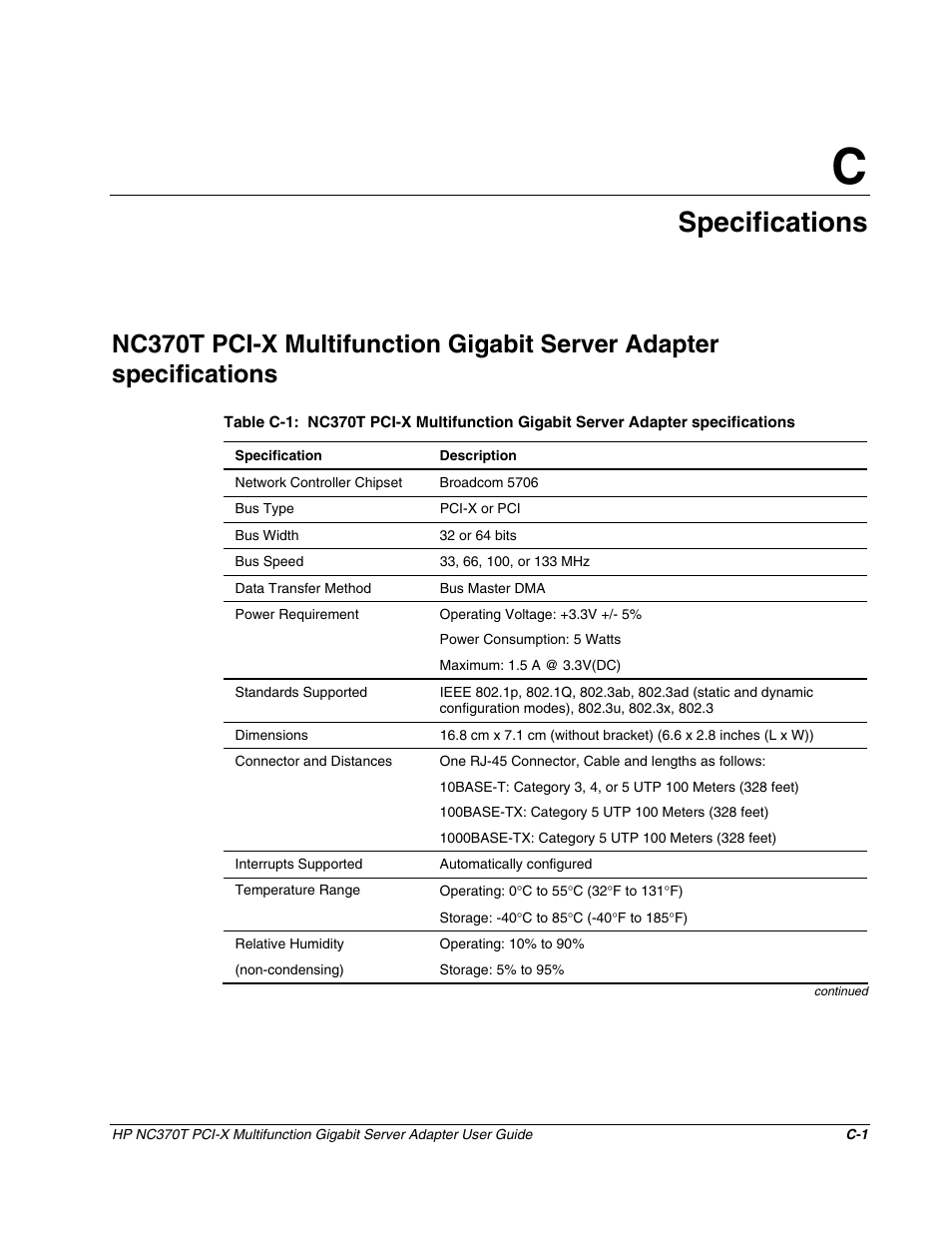 Appendix c: specifications, Appendix c, Specifications | HP NC370T PCI-X Multifunction Gigabit Server Adapter User Manual | Page 18 / 23