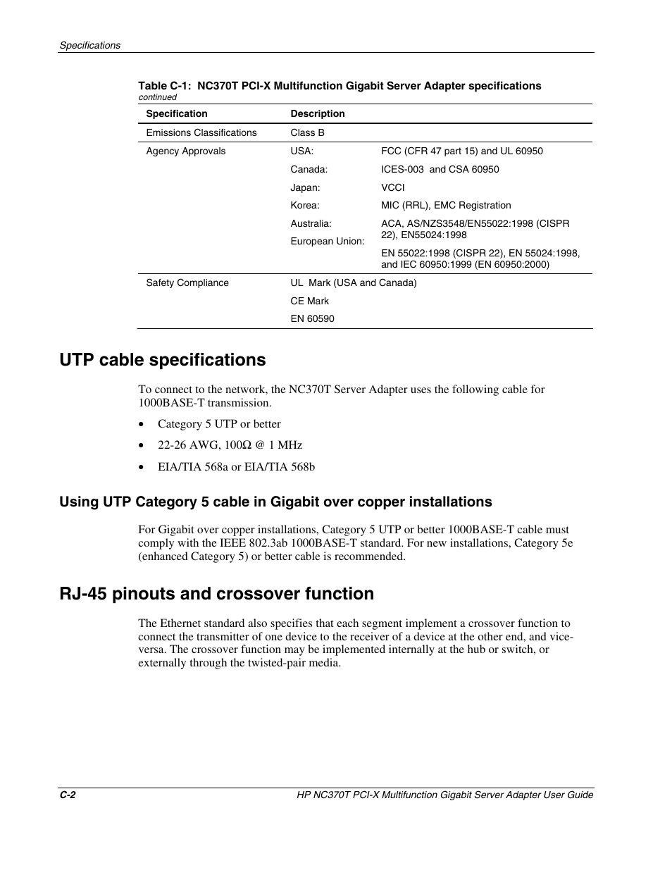 Utp cable specifications, Rj-45 pinouts and crossover function | HP NC370T PCI-X Multifunction Gigabit Server Adapter User Manual | Page 19 / 23