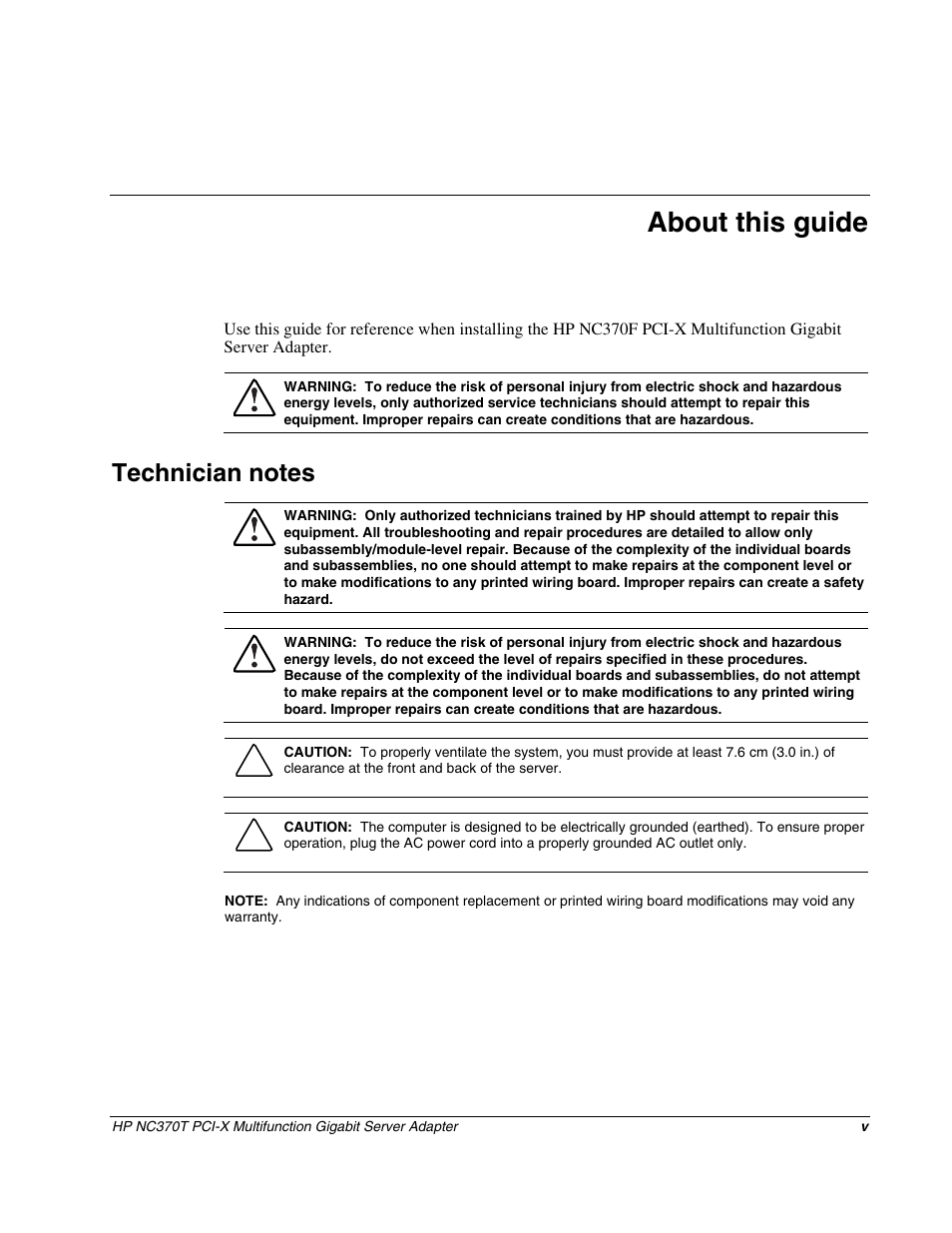 About this guide, Technician notes | HP NC370T PCI-X Multifunction Gigabit Server Adapter User Manual | Page 5 / 23