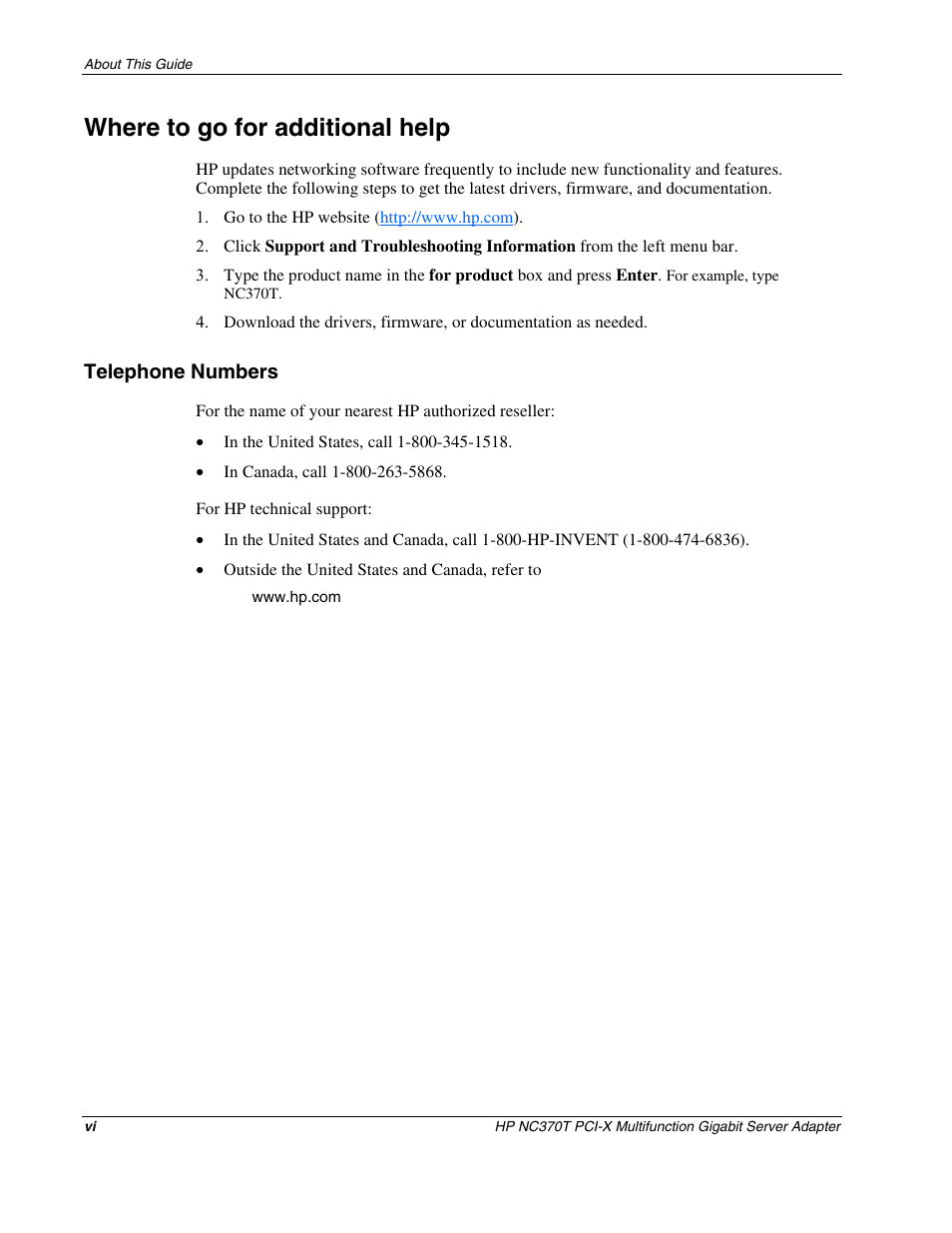 Where to go for additional help, Telephone numbers | HP NC370T PCI-X Multifunction Gigabit Server Adapter User Manual | Page 6 / 23