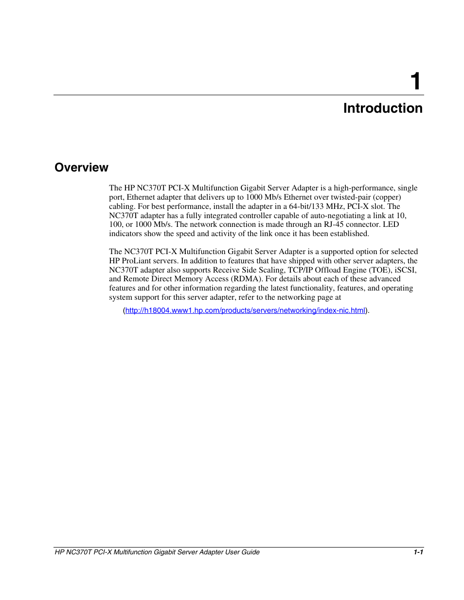 Chapter 1: introduction, Overview, Chapter 1 | Introduction, Overview -1 | HP NC370T PCI-X Multifunction Gigabit Server Adapter User Manual | Page 7 / 23