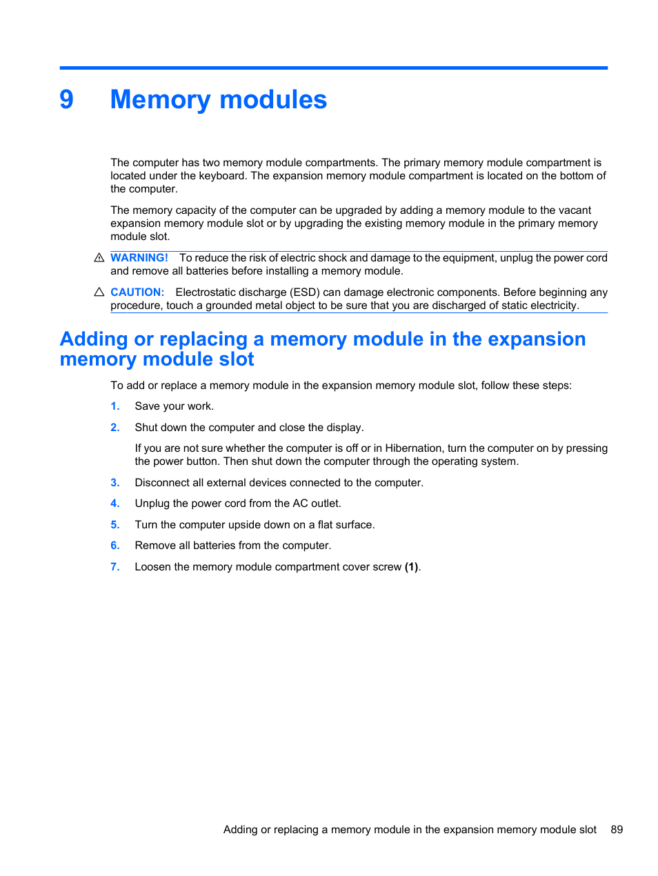 Memory modules, 9 memory modules | HP EliteBook 8740w Mobile Workstation User Manual | Page 101 / 150