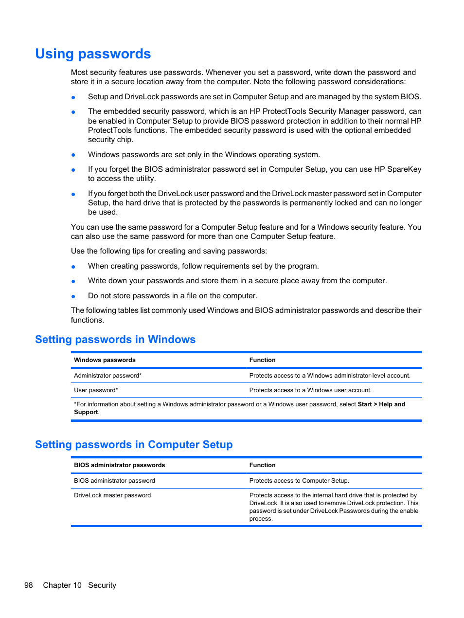 Using passwords, Setting passwords in windows, Setting passwords in computer setup | HP EliteBook 8740w Mobile Workstation User Manual | Page 110 / 150