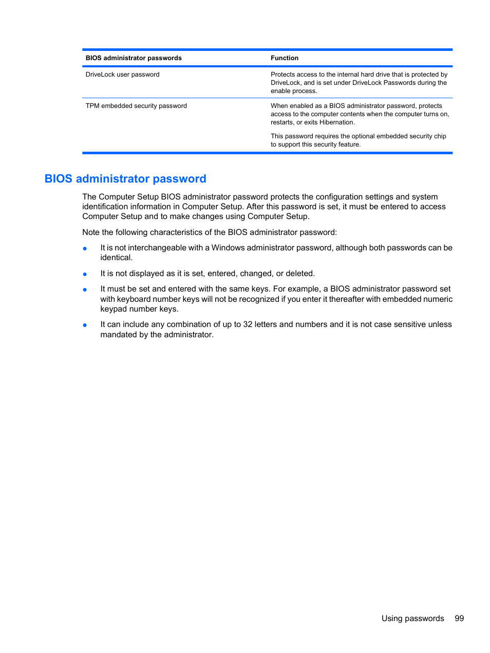 Bios administrator password | HP EliteBook 8740w Mobile Workstation User Manual | Page 111 / 150