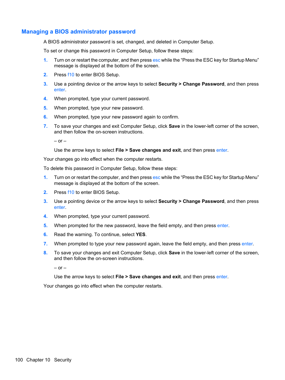 Managing a bios administrator password | HP EliteBook 8740w Mobile Workstation User Manual | Page 112 / 150
