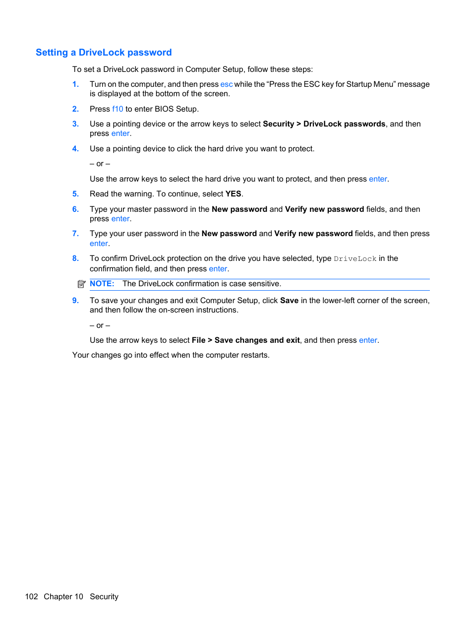 Setting a drivelock password | HP EliteBook 8740w Mobile Workstation User Manual | Page 114 / 150