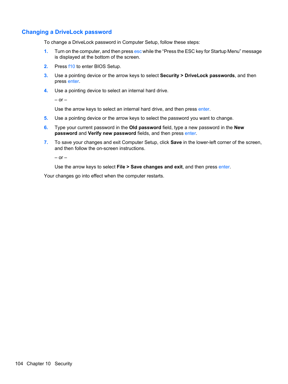 Changing a drivelock password | HP EliteBook 8740w Mobile Workstation User Manual | Page 116 / 150