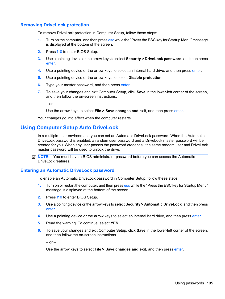 Removing drivelock protection, Using computer setup auto drivelock, Entering an automatic drivelock password | HP EliteBook 8740w Mobile Workstation User Manual | Page 117 / 150