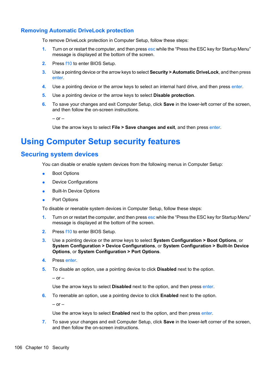Removing automatic drivelock protection, Using computer setup security features, Securing system devices | HP EliteBook 8740w Mobile Workstation User Manual | Page 118 / 150