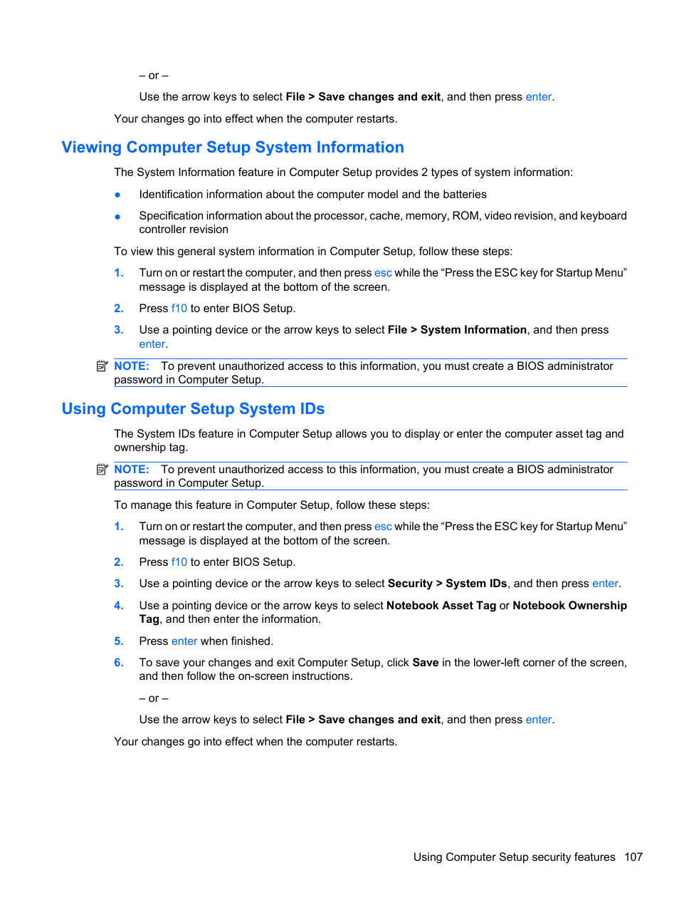 Viewing computer setup system information, Using computer setup system ids | HP EliteBook 8740w Mobile Workstation User Manual | Page 119 / 150