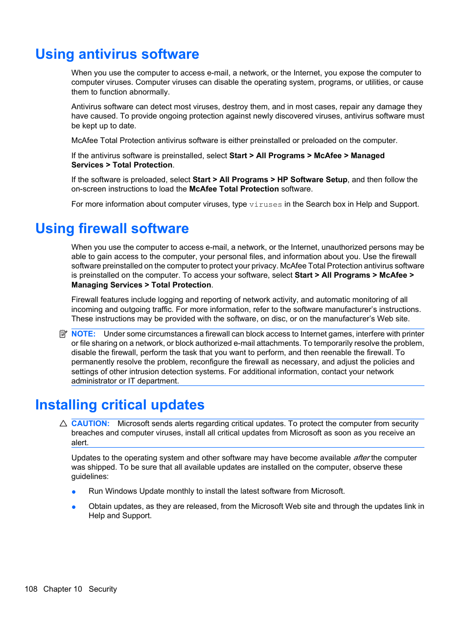 Using antivirus software, Using firewall software, Installing critical updates | HP EliteBook 8740w Mobile Workstation User Manual | Page 120 / 150