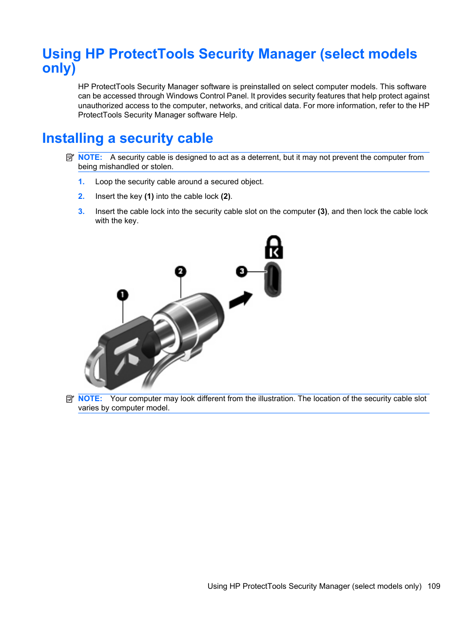 Installing a security cable | HP EliteBook 8740w Mobile Workstation User Manual | Page 121 / 150