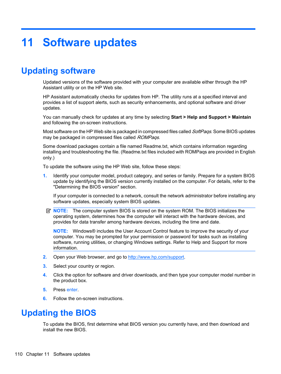 Software updates, Updating software, Updating the bios | 11 software updates, Updating software updating the bios | HP EliteBook 8740w Mobile Workstation User Manual | Page 122 / 150