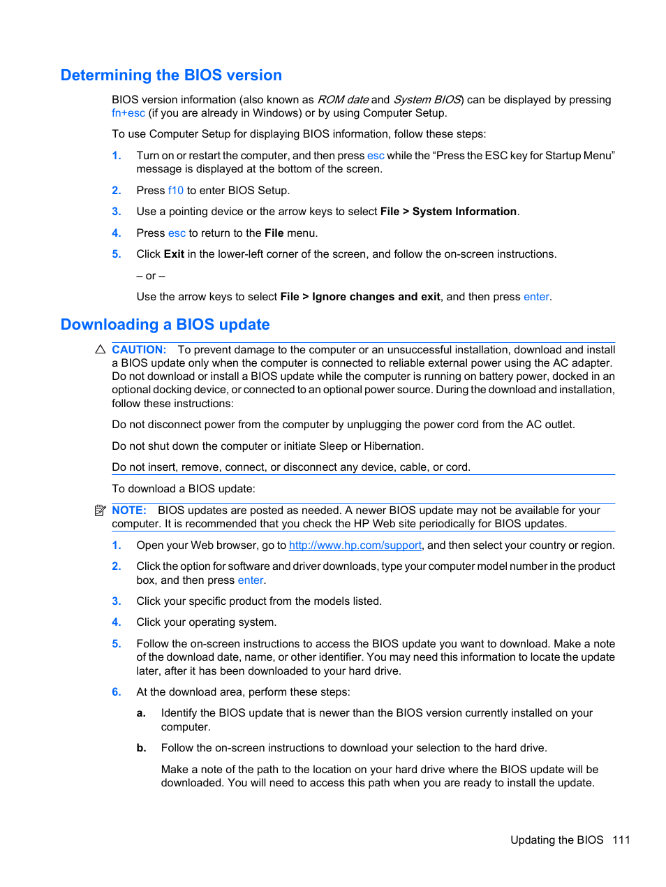 Determining the bios version, Downloading a bios update | HP EliteBook 8740w Mobile Workstation User Manual | Page 123 / 150