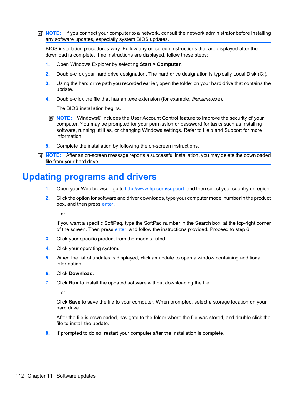 Updating programs and drivers | HP EliteBook 8740w Mobile Workstation User Manual | Page 124 / 150