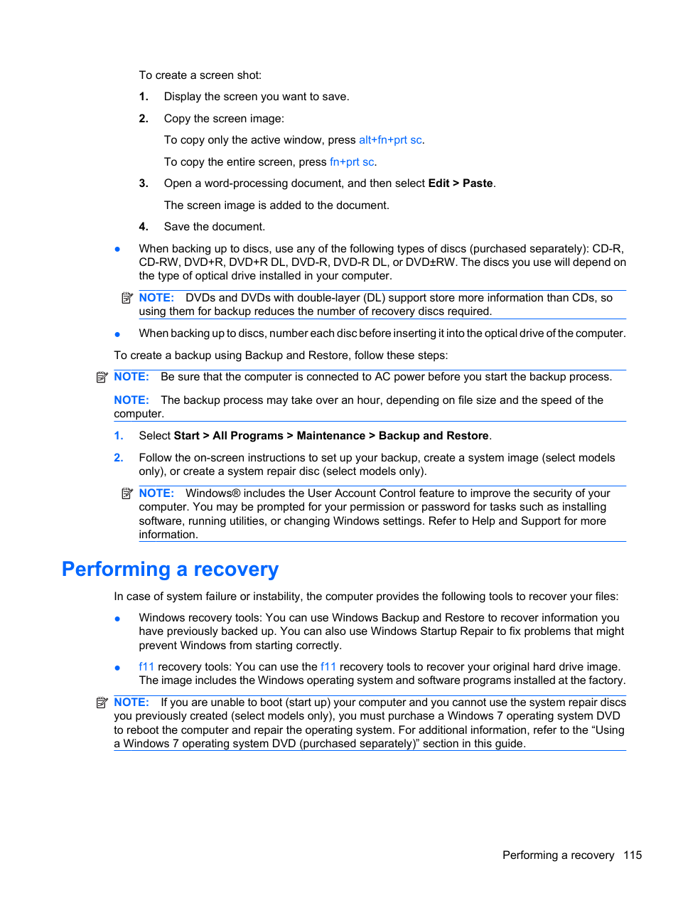 Performing a recovery | HP EliteBook 8740w Mobile Workstation User Manual | Page 127 / 150