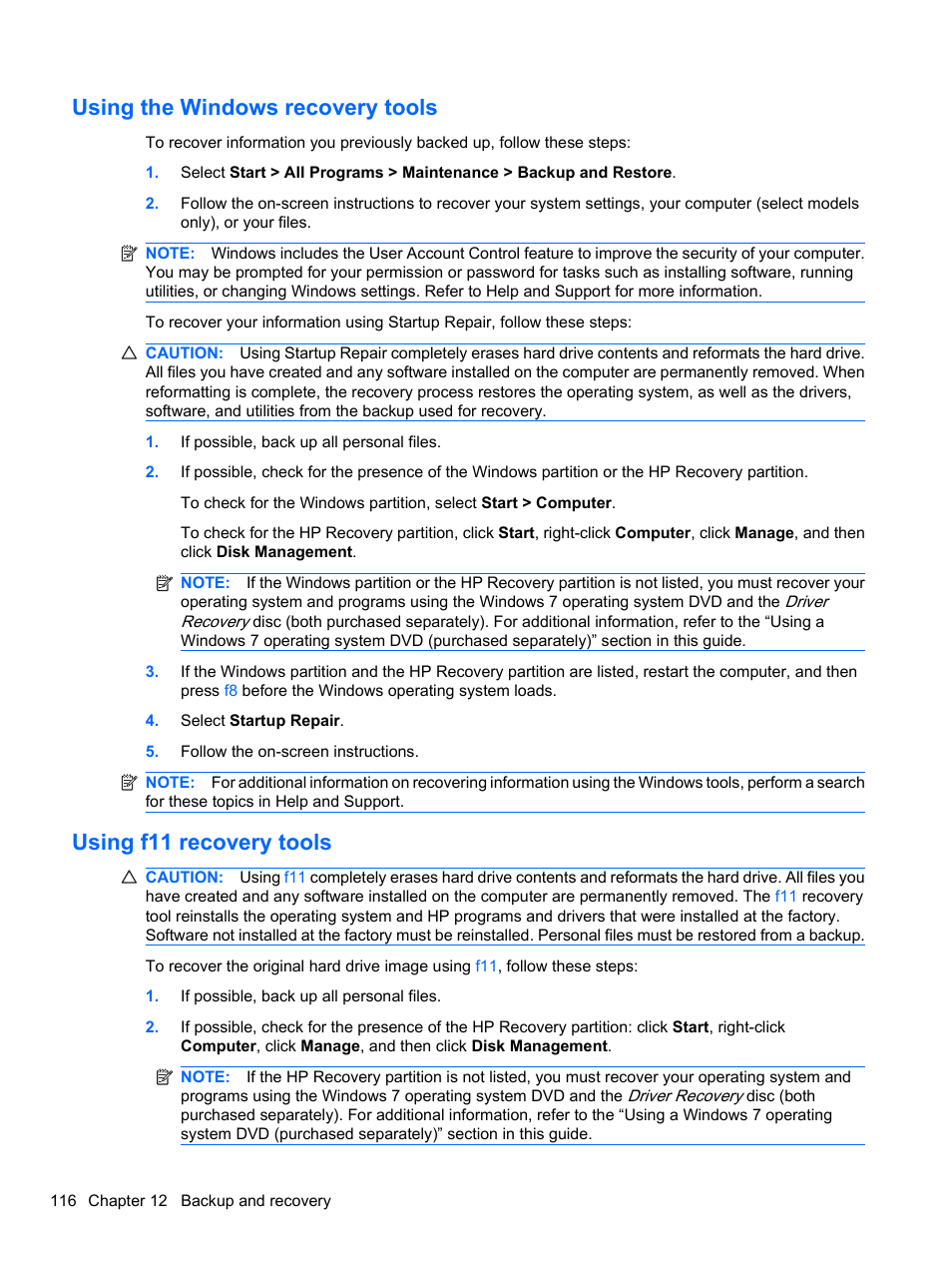 Using the windows recovery tools, Using f11 recovery tools | HP EliteBook 8740w Mobile Workstation User Manual | Page 128 / 150