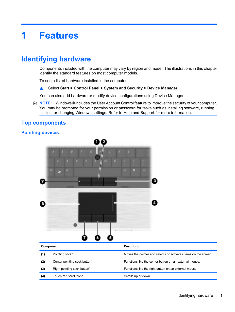 Features, Identifying hardware, Top components | Pointing devices, 1 features, 1features | HP EliteBook 8740w Mobile Workstation User Manual | Page 13 / 150