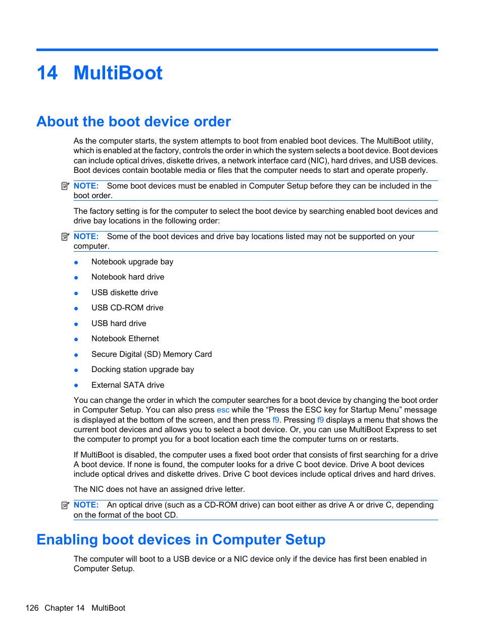 Multiboot, About the boot device order, Enabling boot devices in computer setup | 14 multiboot | HP EliteBook 8740w Mobile Workstation User Manual | Page 138 / 150