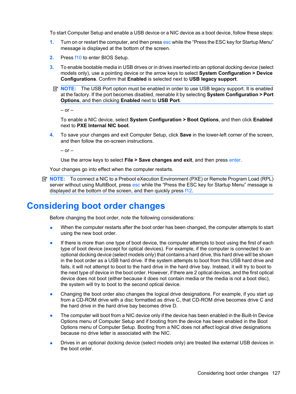 Considering boot order changes | HP EliteBook 8740w Mobile Workstation User Manual | Page 139 / 150