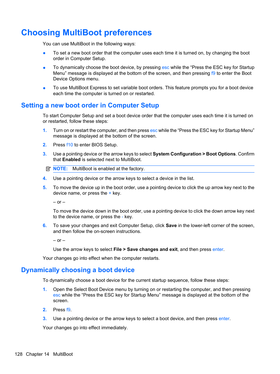 Choosing multiboot preferences, Setting a new boot order in computer setup, Dynamically choosing a boot device | HP EliteBook 8740w Mobile Workstation User Manual | Page 140 / 150