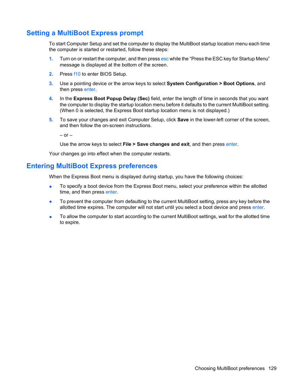 Setting a multiboot express prompt, Entering multiboot express preferences | HP EliteBook 8740w Mobile Workstation User Manual | Page 141 / 150