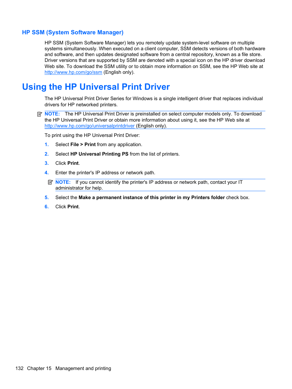 Hp ssm (system software manager), Using the hp universal print driver | HP EliteBook 8740w Mobile Workstation User Manual | Page 144 / 150