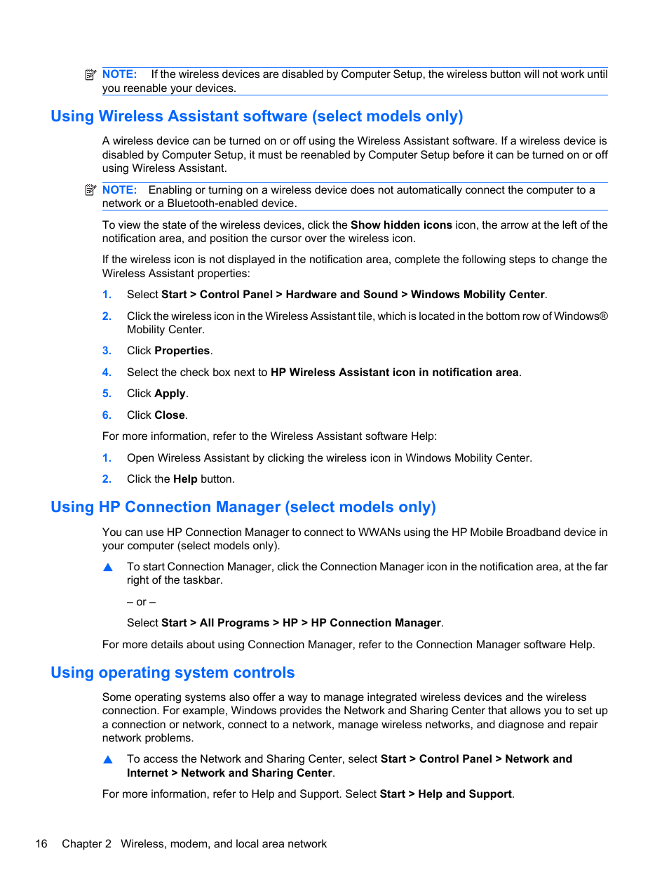 Using hp connection manager (select models only), Using operating system controls | HP EliteBook 8740w Mobile Workstation User Manual | Page 28 / 150