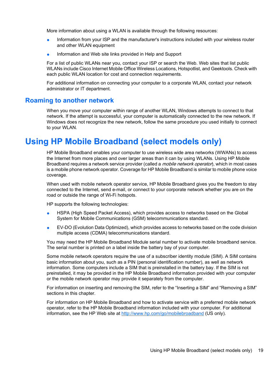 Roaming to another network, Using hp mobile broadband (select models only) | HP EliteBook 8740w Mobile Workstation User Manual | Page 31 / 150