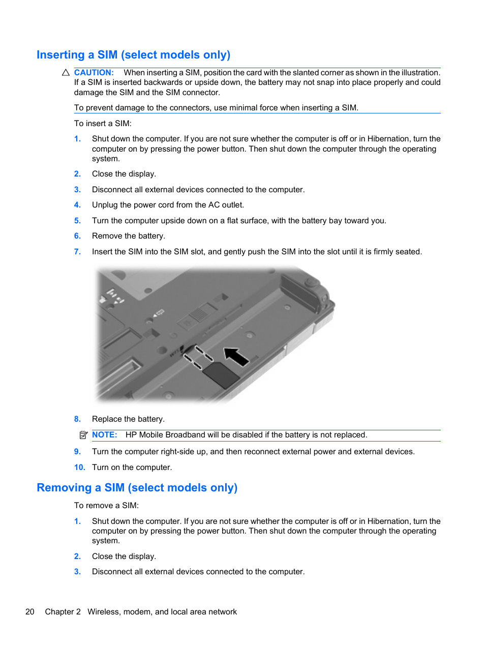 Inserting a sim (select models only), Removing a sim (select models only) | HP EliteBook 8740w Mobile Workstation User Manual | Page 32 / 150
