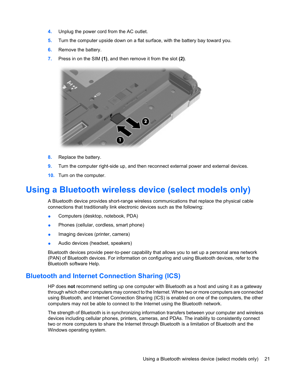 Bluetooth and internet connection sharing (ics) | HP EliteBook 8740w Mobile Workstation User Manual | Page 33 / 150