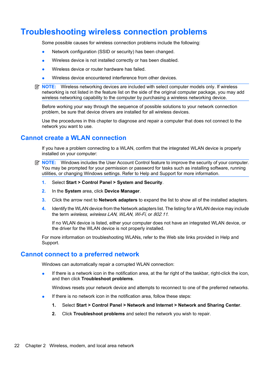 Troubleshooting wireless connection problems, Cannot create a wlan connection, Cannot connect to a preferred network | HP EliteBook 8740w Mobile Workstation User Manual | Page 34 / 150