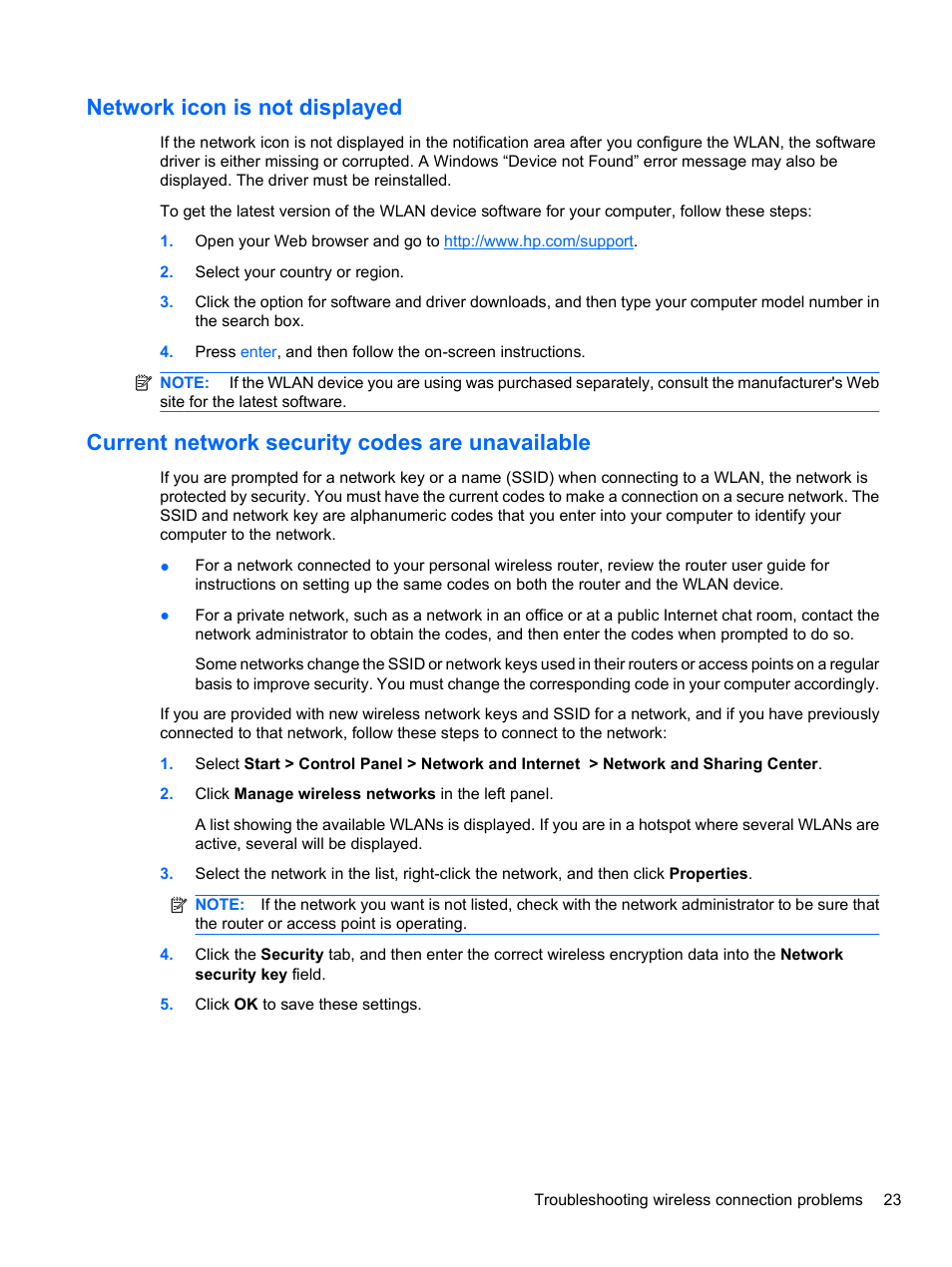 Network icon is not displayed, Current network security codes are unavailable | HP EliteBook 8740w Mobile Workstation User Manual | Page 35 / 150