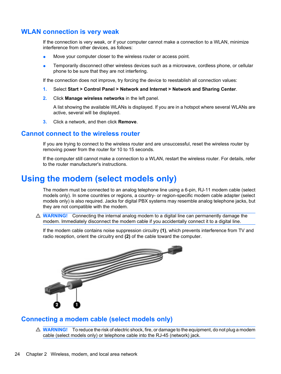 Wlan connection is very weak, Cannot connect to the wireless router, Using the modem (select models only) | Connecting a modem cable (select models only) | HP EliteBook 8740w Mobile Workstation User Manual | Page 36 / 150