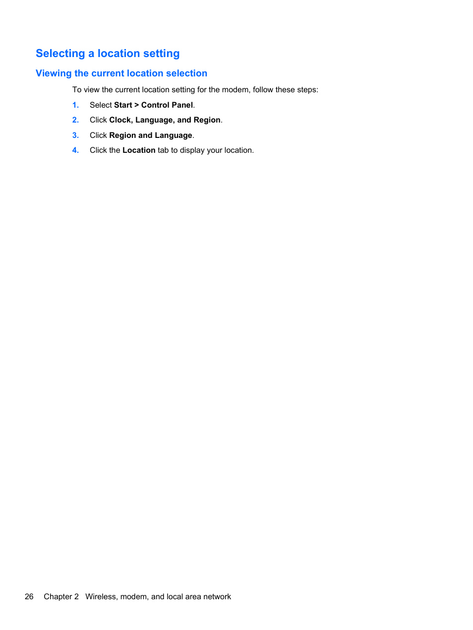 Selecting a location setting, Viewing the current location selection | HP EliteBook 8740w Mobile Workstation User Manual | Page 38 / 150