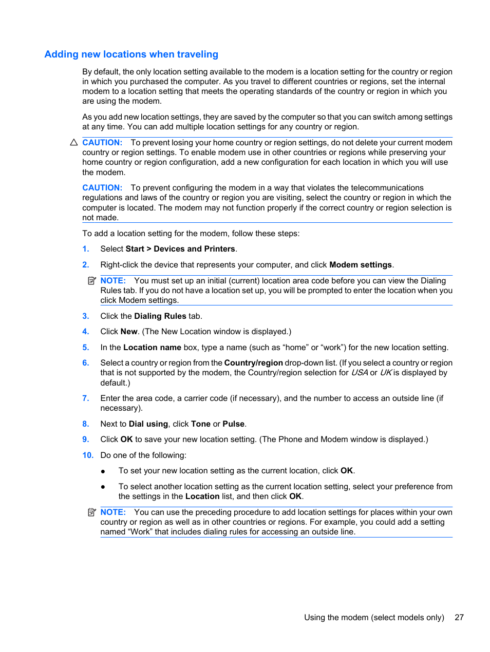 Adding new locations when traveling | HP EliteBook 8740w Mobile Workstation User Manual | Page 39 / 150
