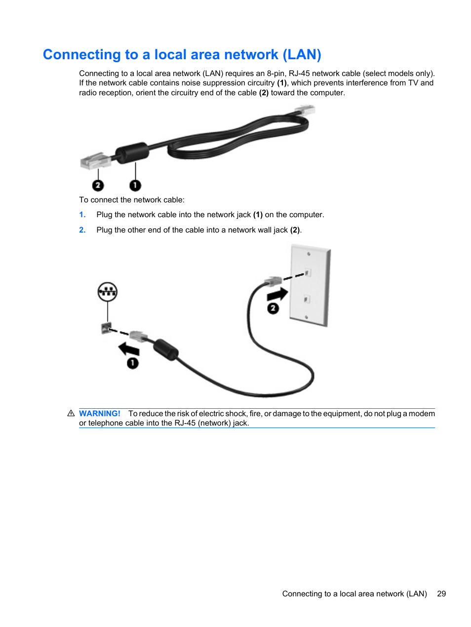 Connecting to a local area network (lan) | HP EliteBook 8740w Mobile Workstation User Manual | Page 41 / 150