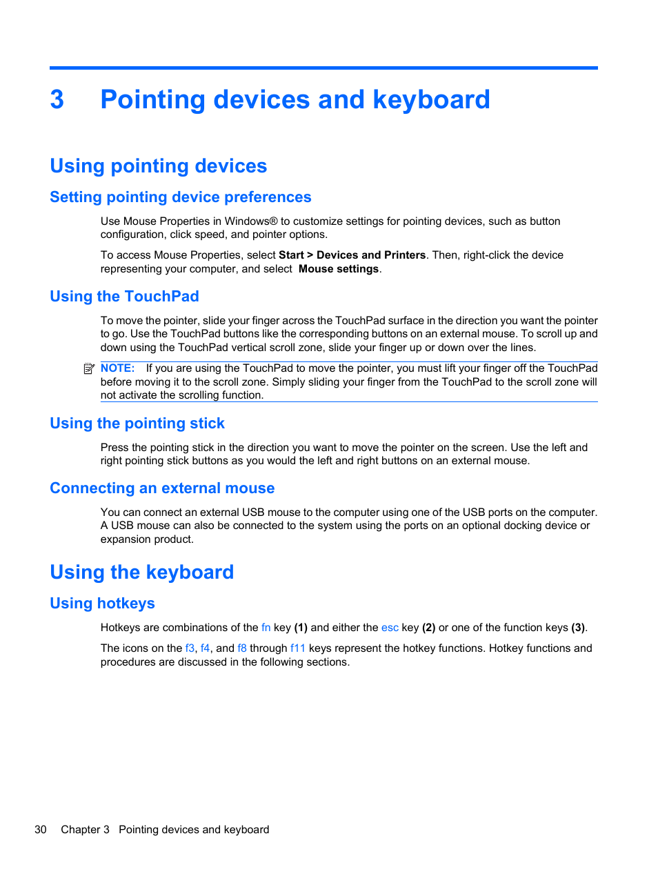 Pointing devices and keyboard, Using pointing devices, Setting pointing device preferences | Using the touchpad, Using the pointing stick, Connecting an external mouse, Using the keyboard, Using hotkeys, 3 pointing devices and keyboard, 3pointing devices and keyboard | HP EliteBook 8740w Mobile Workstation User Manual | Page 42 / 150