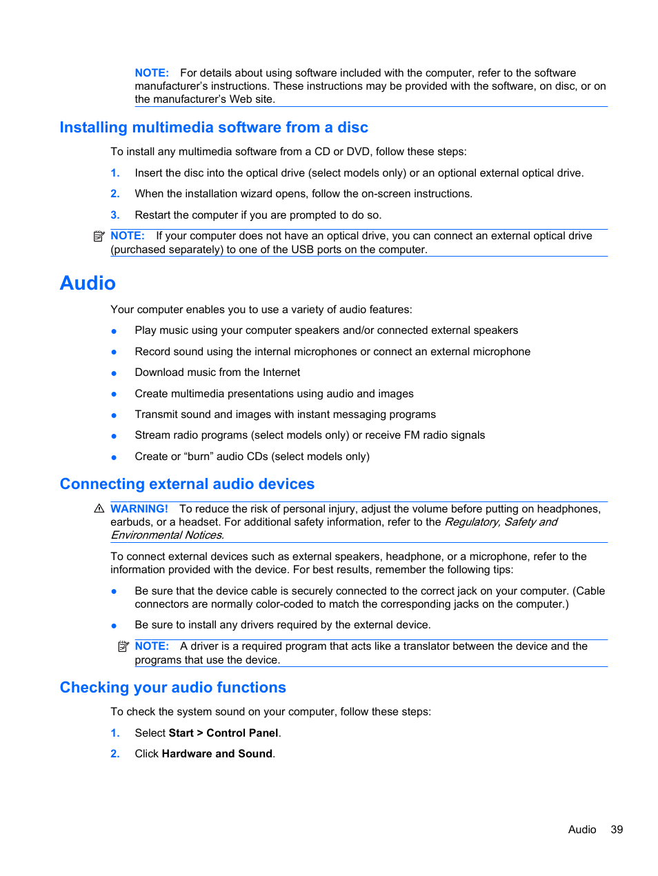 Installing multimedia software from a disc, Audio, Connecting external audio devices | Checking your audio functions | HP EliteBook 8740w Mobile Workstation User Manual | Page 51 / 150
